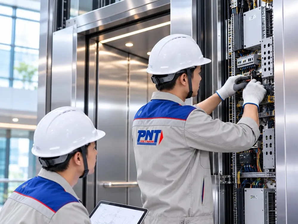 Kỹ sư PNT Việt Nam lắp đặt tủ điều khiển thang máy